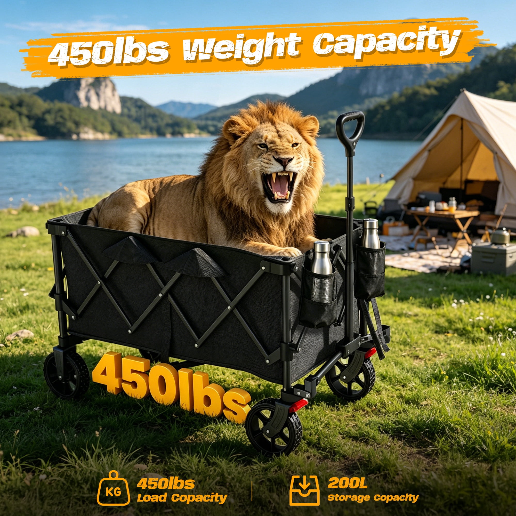 WildFinder Foldable Wagon Cart with Wheels, 450LBS Heavy Duty Collapsible Wagon Cart with Wheels&Adjustable Handle, Portable Utility Cart for Grocery Sports Garden Shopping Camping, Black