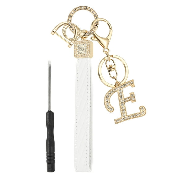 Leather Wristlet Keychain, Chic Letter E Keychains with Key Ring and D Ring Car Keys Keychain Decorative Alphabet Key Chain for Bag Backpack DIY, Gold Tone