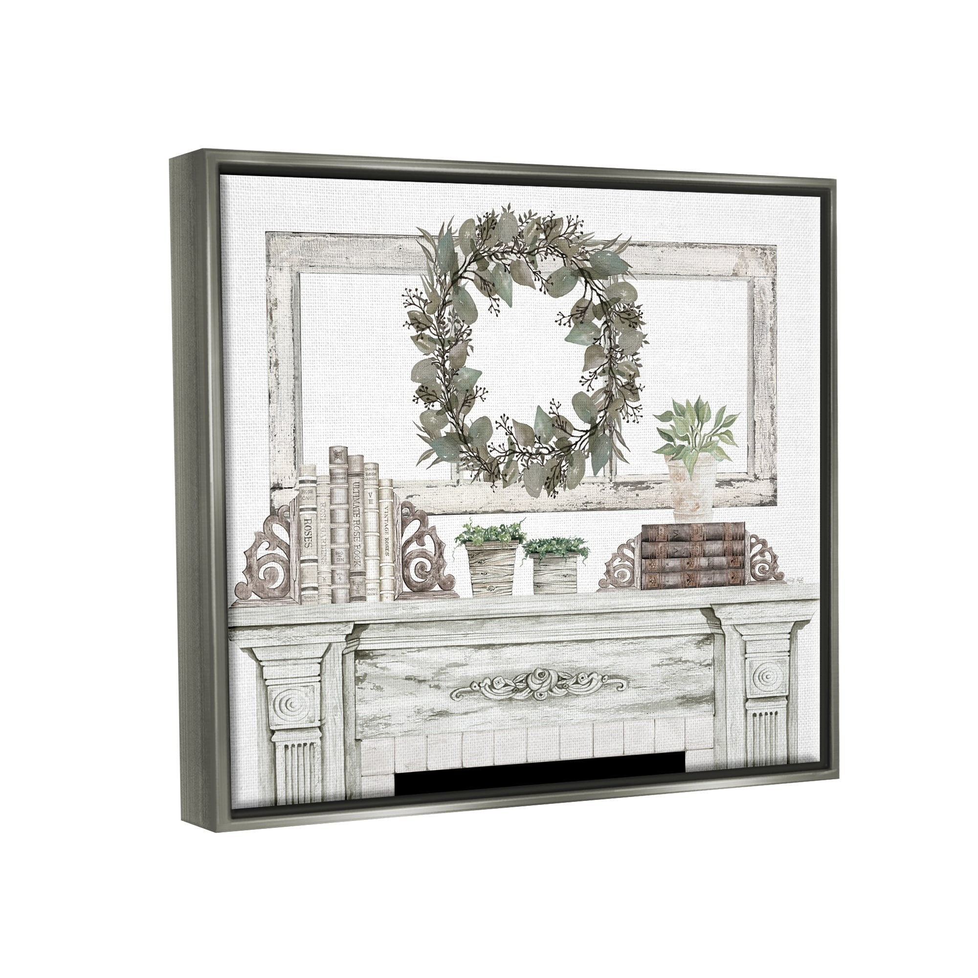 Stupell Industries Festive Wreath Cozy Fireplace Mantel Rustic Design Graphic Art Luster Gray Floating Framed Canvas Print Wall Art, Design by Cindy Jacobs