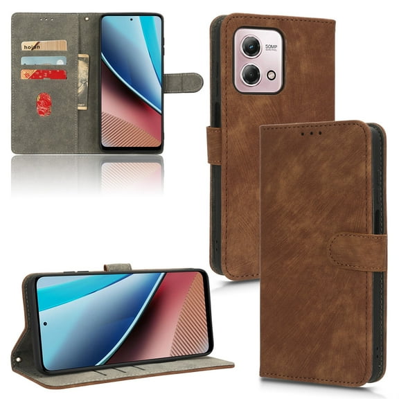 for Motorola Moto G Play 4G 2024 Wallet Case with RFID Blocking Credit Card Holder, PU Leather Wrist Strap Flip Kickstand Shockproof Cover Women Men for Moto G Play 4G 2024, Brown