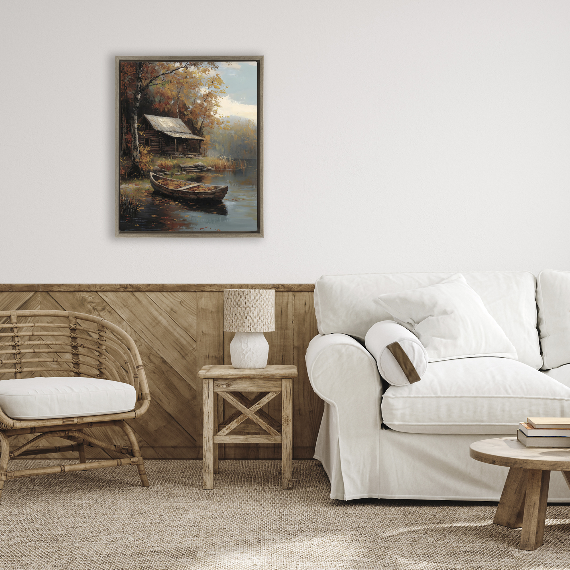 Autumn Cabin Canoe with Leaves Brown Framed Floater Canvas Wall Art, design by Arlington Prints