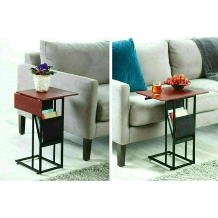 Sofa Side End Tables Living Room, Couch Table with Side Pocket, C Shaped Table - Trays-Expandable, for Coffee Snack Laptop