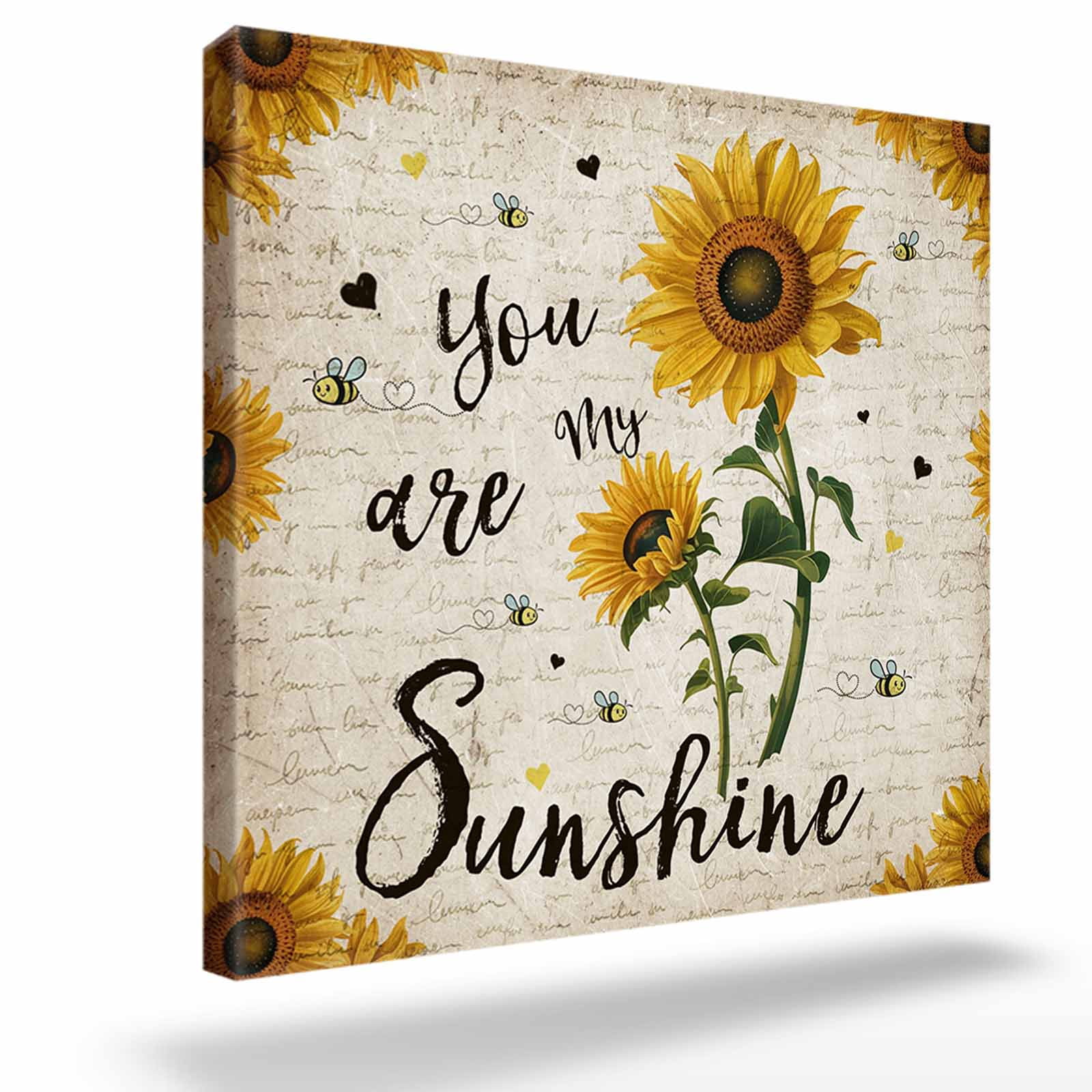 Vintage Sunflower Framed Canvas Wall Art, You Are My Sunshine Floral Bee Beige Letter Wall Art Painting for Living Room Bedroom Home Decor, 16”x16”, Office Artwork Print