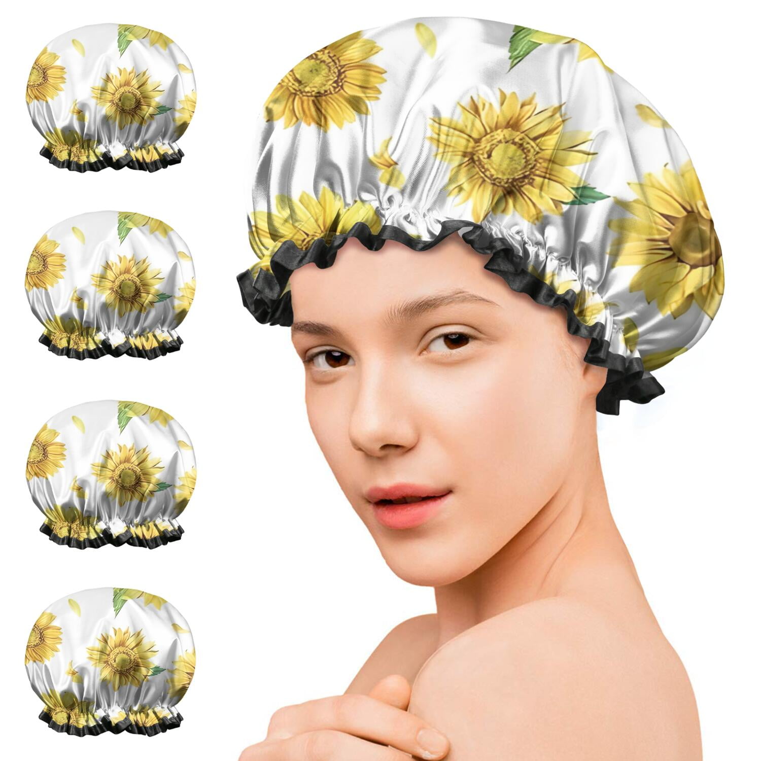 Shower Caps,White Sunflower Petal Pattern Waterproof Shower Cap for Women 4 Pieces,Double Reusable Hair Cover for Shower PEVA Elastic Stretch Hem