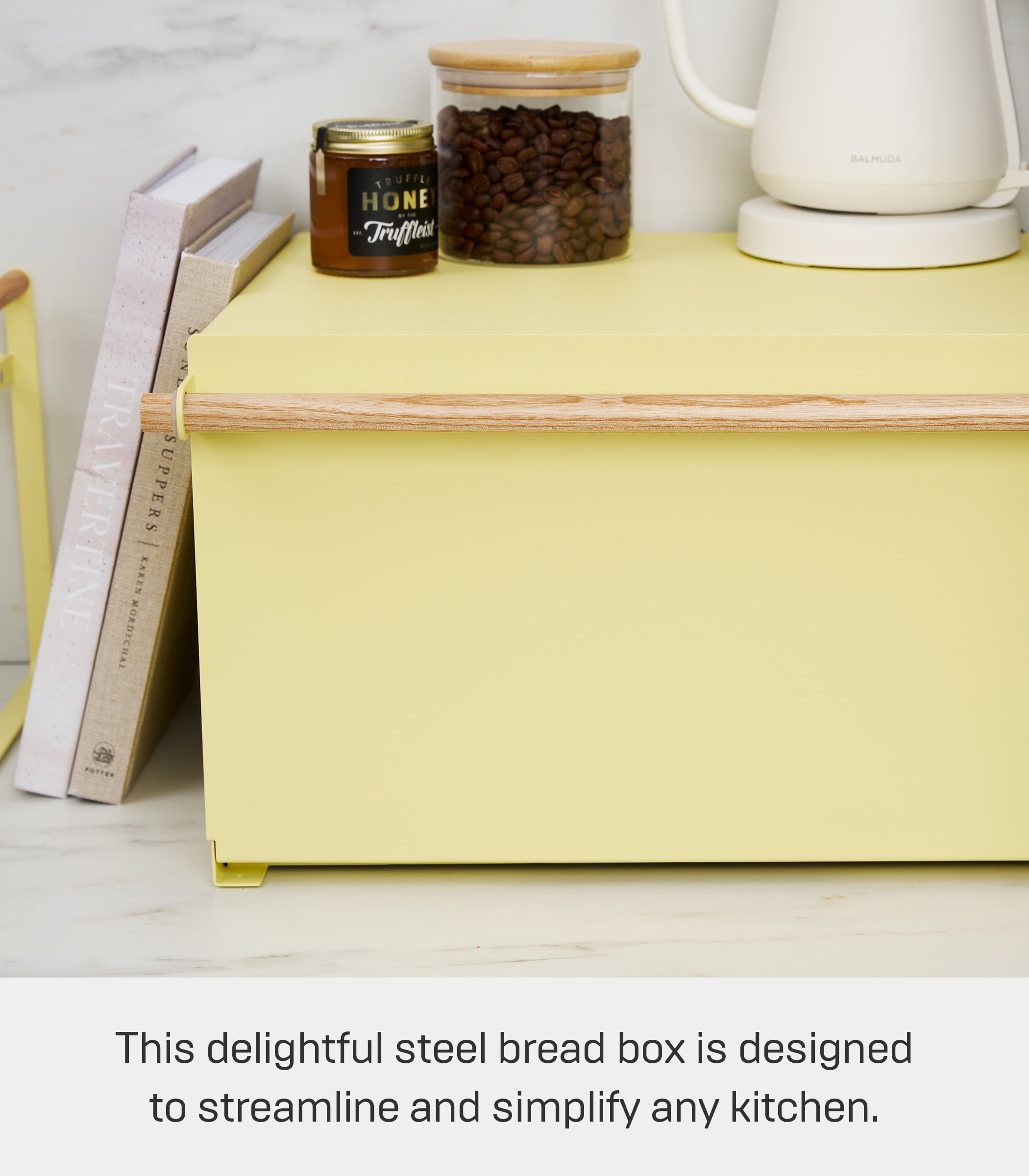 Yamazaki Home Bread Box, Yellow, Steel + Wood, Supports 22.2