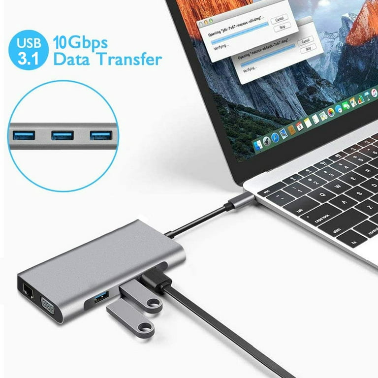 High Quality 8 In 1 Multiport Type C To Hd-mi + VGA + LAN Port + 2*USB 3.0  + SD/TF Card + Audio Port + USB-C Hub Cable Adapter