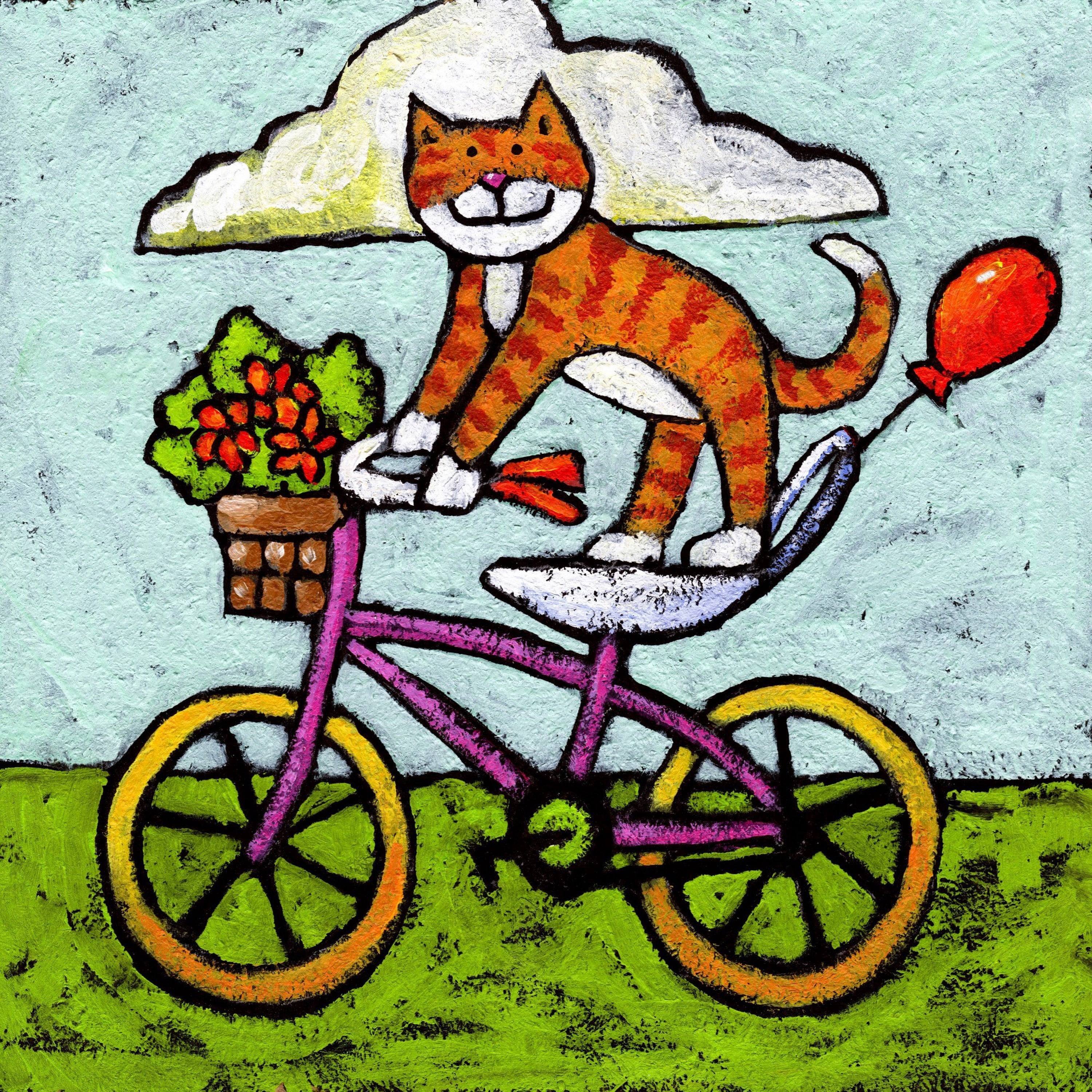 Marmont Hill - "Tiger Cat Bike Acrobat" by Janet Nelson Painting Print on Wrapped Canvas