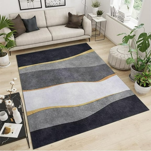 Light Luxury Minimalist Rug For Living Room, Modern Black White Grey Gold Stripes Indoor Area Rug, Non-Slip Non-Shedding Washable Mat For Bedroom Entryway Kitchen Office Apartment 4x5ft