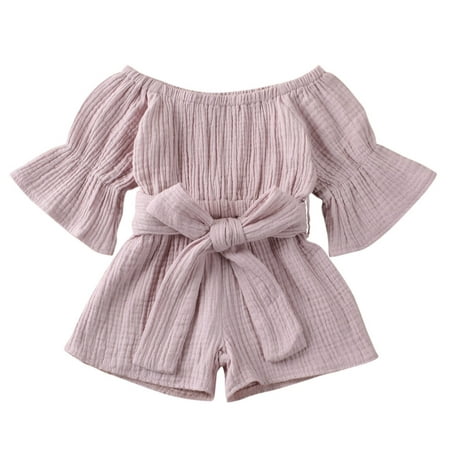 

Spring hue Baby Girls Solid Color Playsuit Off-the-shoulder Short Flared Sleeves One-piece
