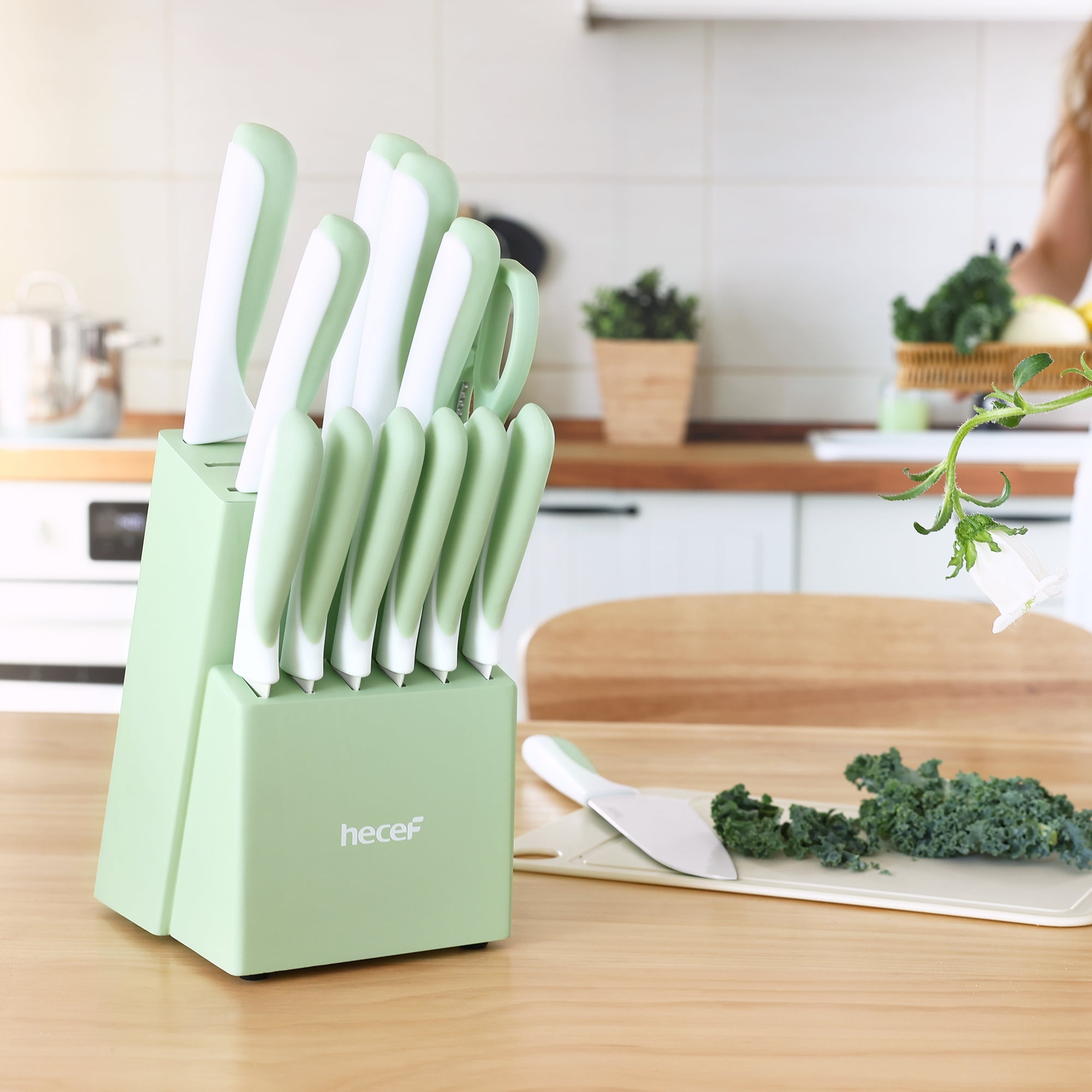 Hecef 15-Piece Stainless Steel Knife Set with Block, Food-Grade Non-Stick Coating