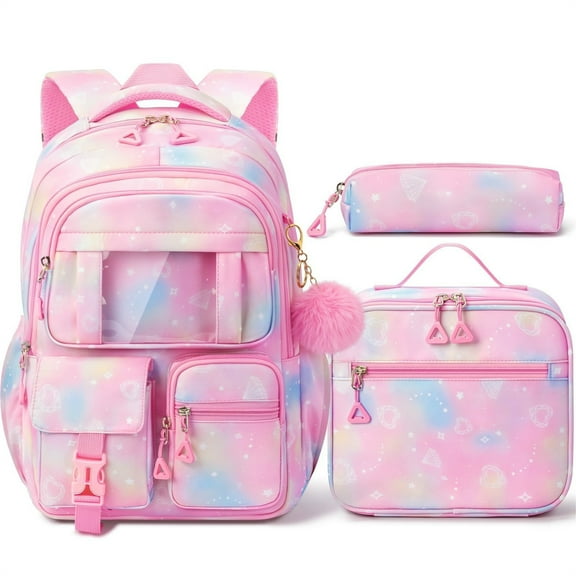 3Pcs Waterproof Backpack Set with Lunch Box & Pencil Pouch - Lightweight Casual Outdoor Daypack Bookbag, Diamond Pink
