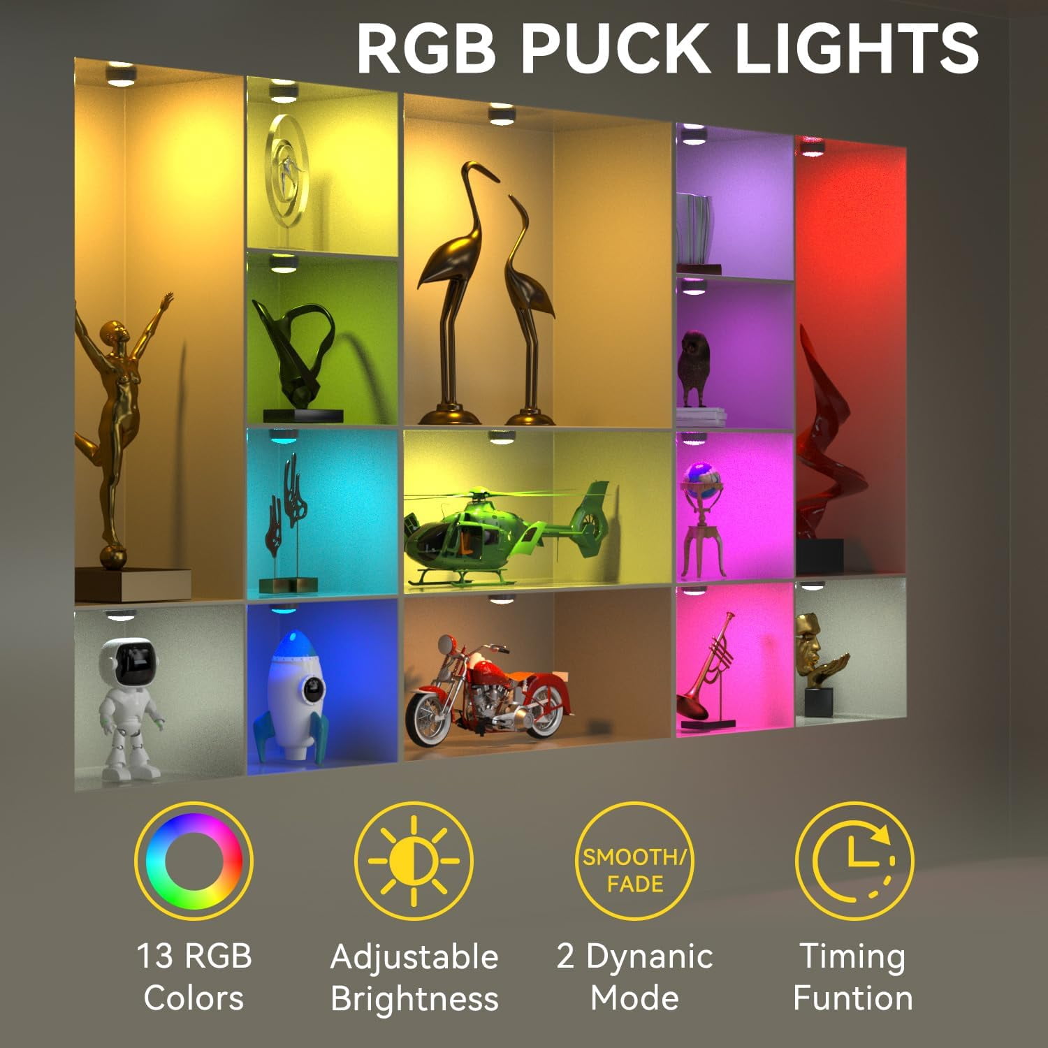 JJEAN-LED Puck Lights with Remote, 13-Color Under Cabinet Lighting Wireless, Battery Operated Stick-On Lights, Dimmable Push Light for Closet/Shelf/Wall (Black-3 Pack)