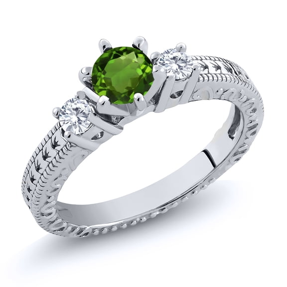 Gem Stone King 0.70 Ct Round Green Chrome Diopside E-F Lab Grown Diamond 925 Sterling Silver Ring (Size 5)