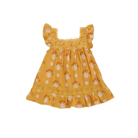 

Canis Toddler Baby Girls Cotton Linen Yellow Summer Dress