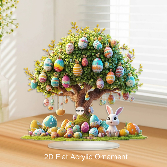 Ywbawe 2D Flat Acrylic Ornament Easter Egg Tree Centerpiece Figurine with Rabbit Ornament for Holiday Tabletop Display