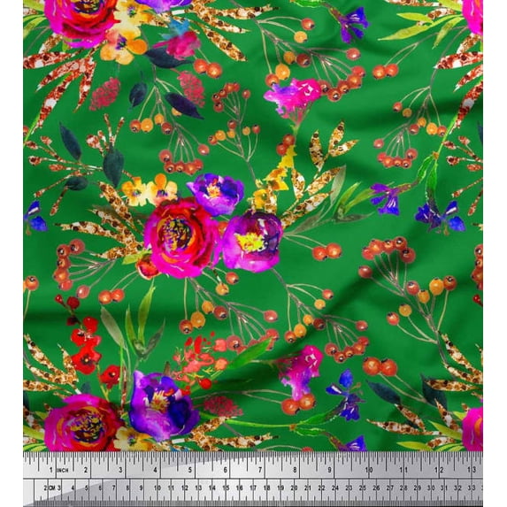 Soimoi Polyester Crepe Fabric Flower & Leaves Watercolor Decor Fabric Printed Yard 42 Inch Wide