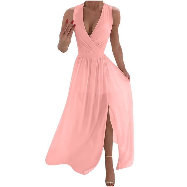 DPTALR Robe Longue à Manches Longues Fendue Col en V Couleur Unie pour Femmes