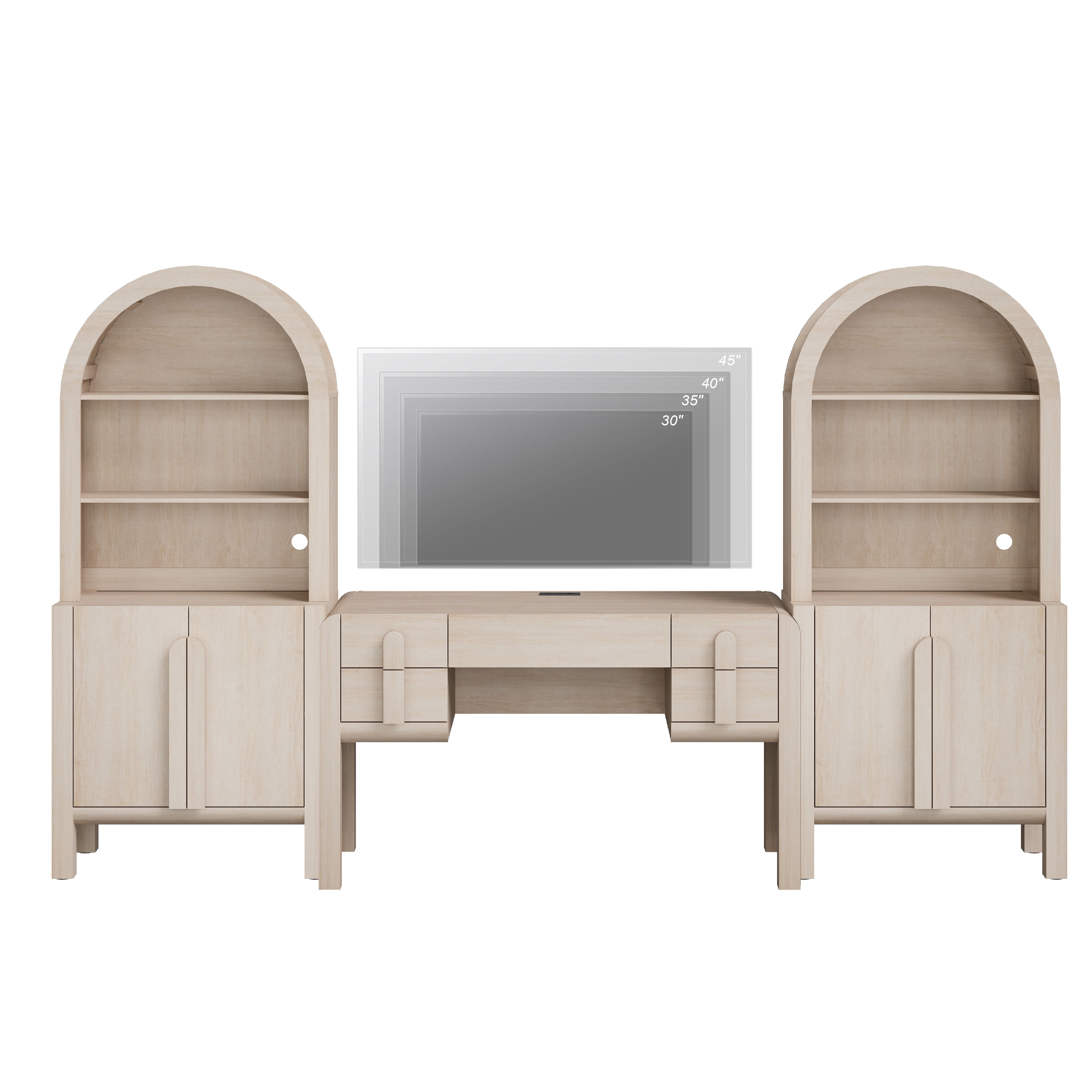 Home Office Set, 53.5" Modern Executive Desk with Charging Station and Drawers & 2 Piece 71"H Tall 5-Tier Arched Bookcases with Storage Cabinet for Living Room, Bedroom, Home Office