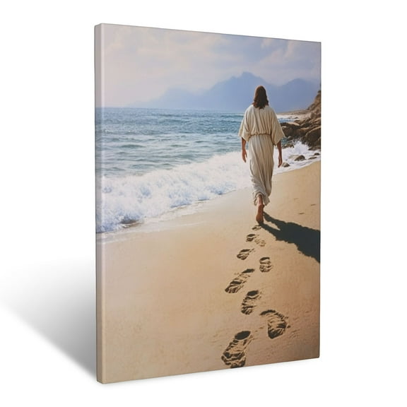 CozyNet Jesus Walking Along A Sandy Shore, Footprints Trailing Behind, Calm Waves Lapping At His Feet Wall Art Prints With Frame Canvas Perfect for Living Room & Bedroom, Wall Decor 16"x20"