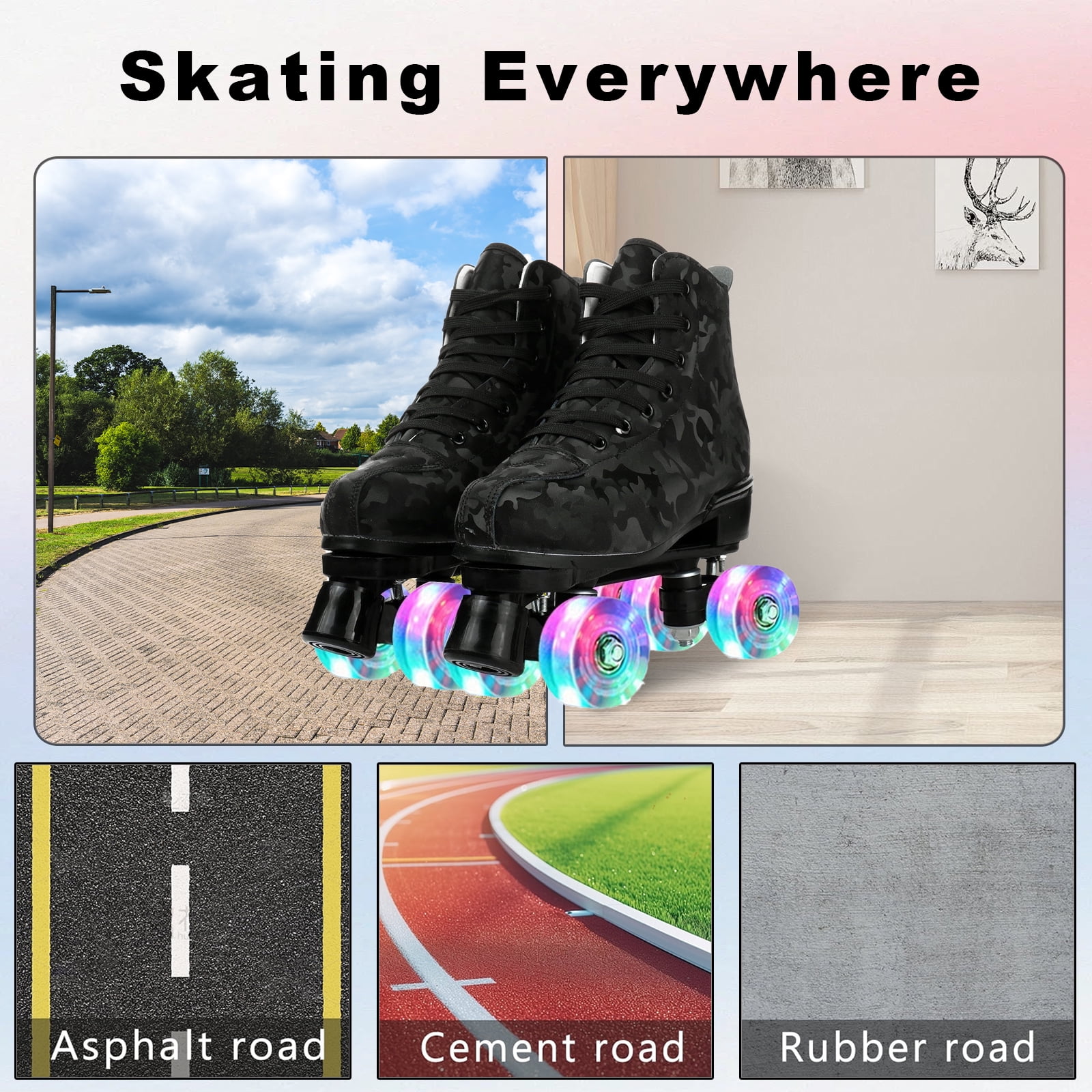 LIXI Black Roller Skates,Double Row Light-up Skates for Kids, Teens  Adults,Durable PU Wheels(Women's 8.5/Men's 7.5)