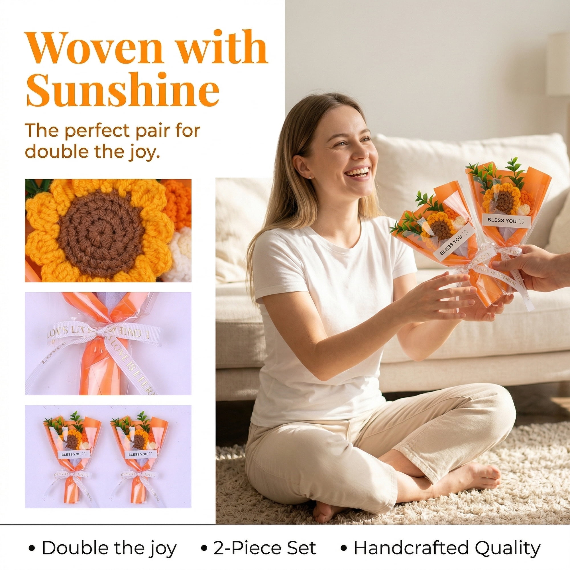 Unique Bargains 4Pcs Handmade Crochet Potted Flowers Knitted Bouquet Orange Purple 5.9in