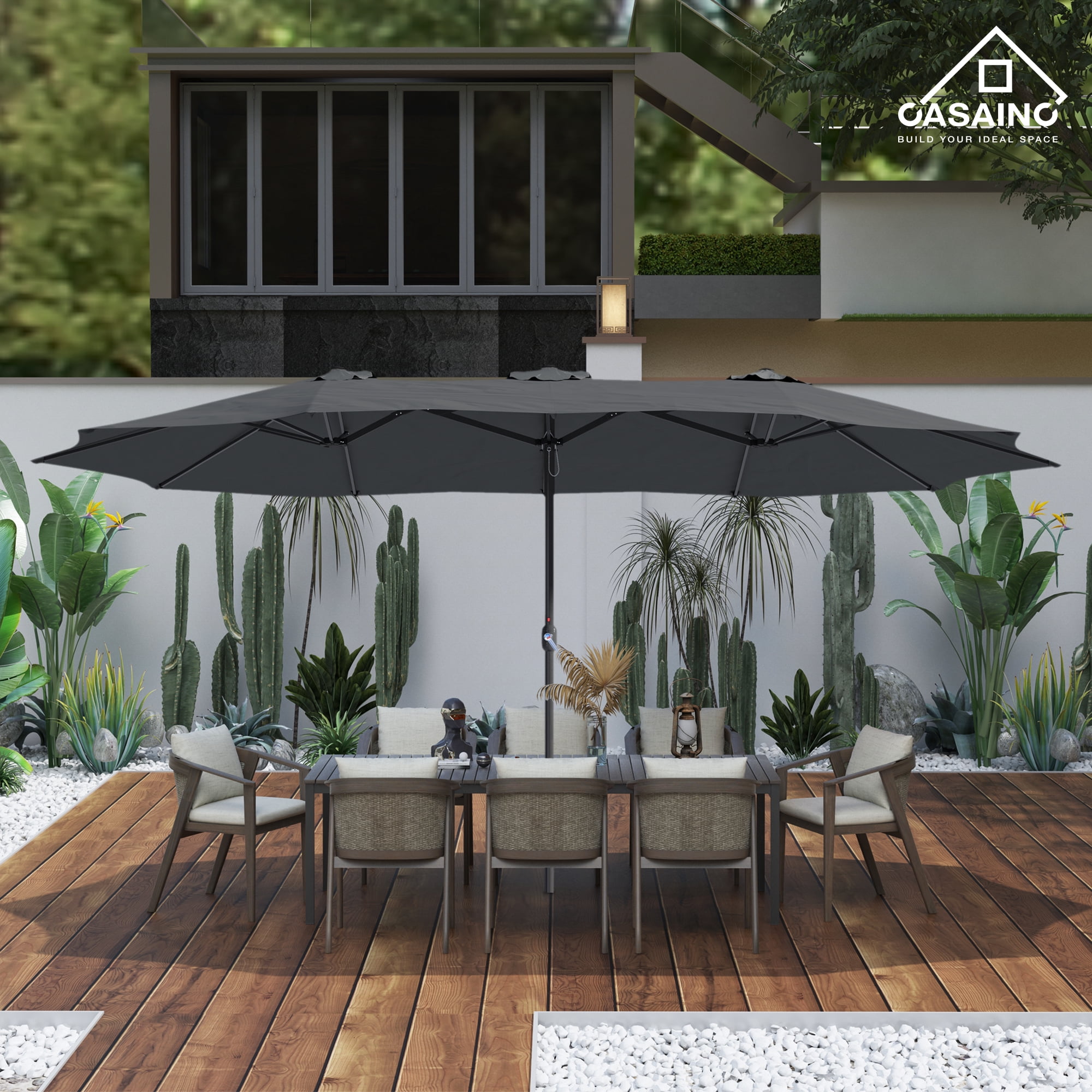 CASAINC 15 ft. Market Patio Umbrella Double-Sided Twin Large Patio Umbrella with Base in Dark Gray