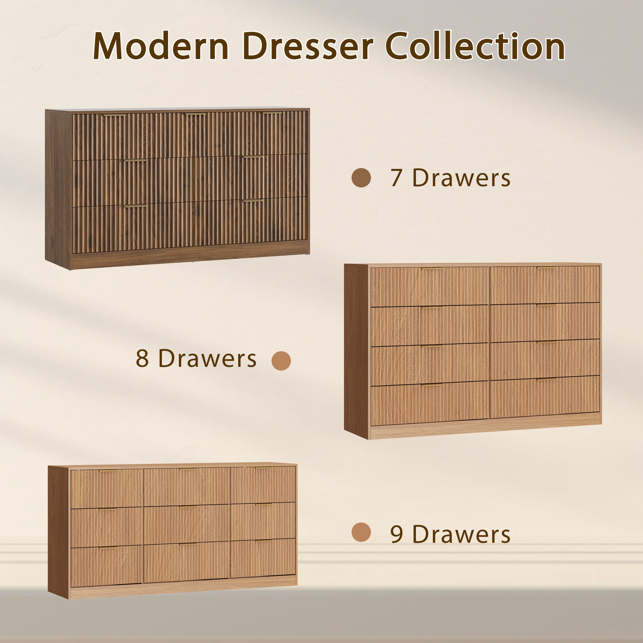 YouTrend 55.1"W Fluted Dressers for Bedroom with 7 Drawers,Modern Chest of Drawer TV Stand for Adults,Wood Clothes Storage for Living Room,Brown