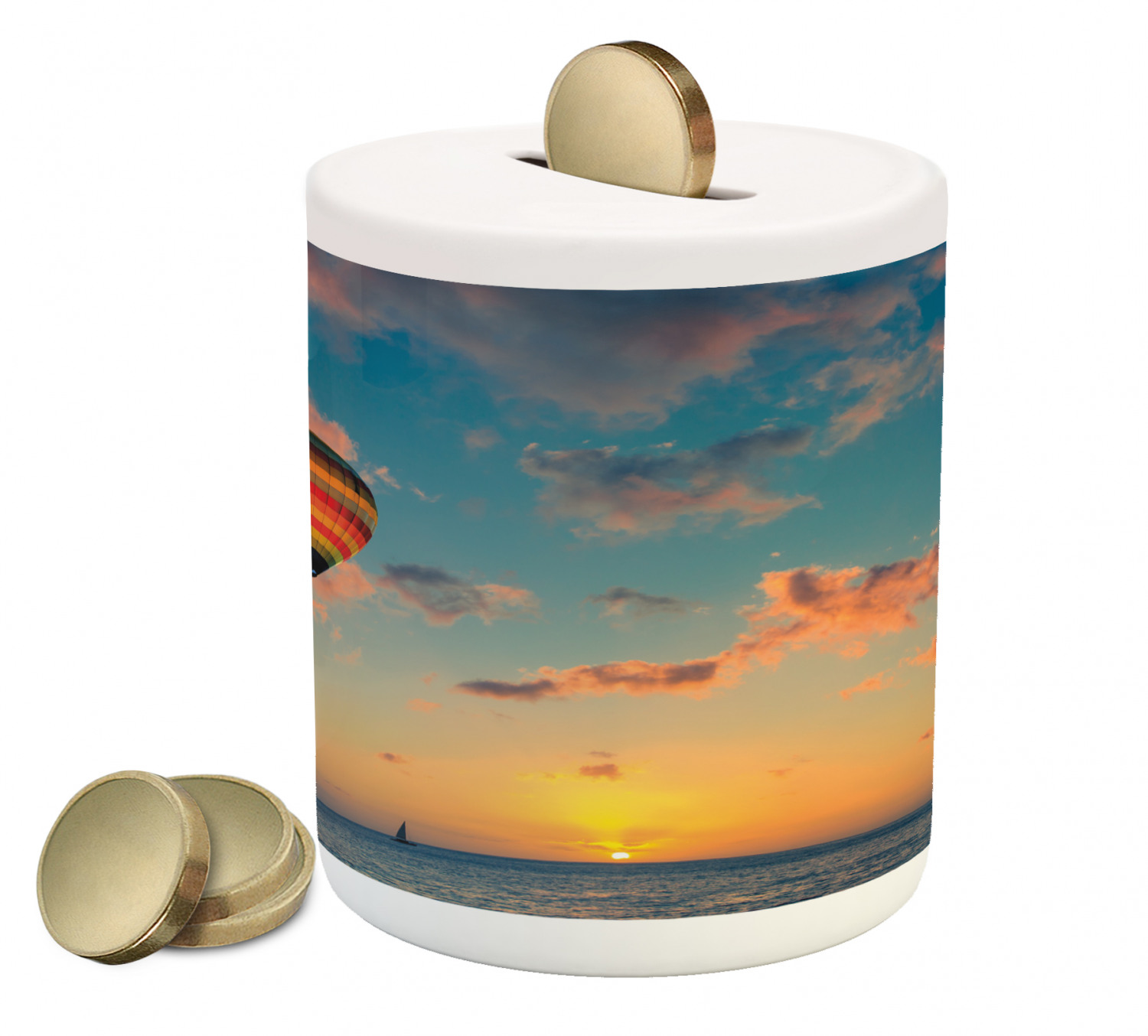 Sunset Piggy Bank, Hot Air Balloon on Skyline with Horizon at Sea ...