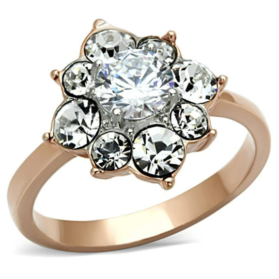 Two-Tone IP Rose Gold Stainless Steel Ring with AAA Grade CZ in Clear for Women Clear Stone Color Style TK1168 Size 10