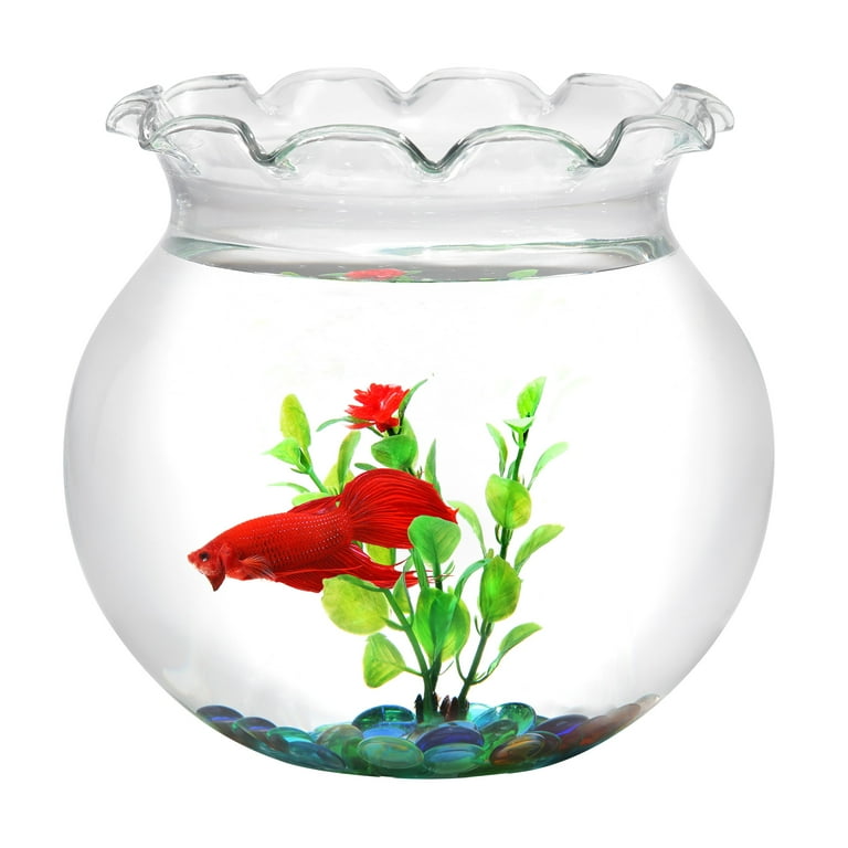 Koller Products Hawkeye 1 Gallon Shatterproof Plastic Fish Bowl with Glass Marbles Plastic Plant Walmart