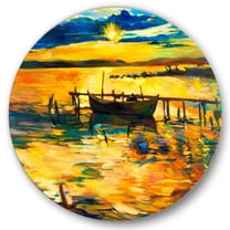Designart 'Boat At The Lake During Evening Glow VI' Nautical & Coastal Circle Metal Wall Art 23x23 - Disc of 23