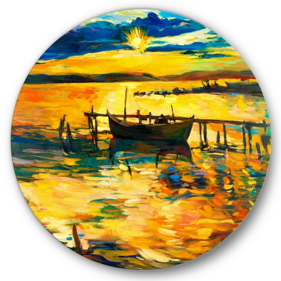 Designart 'Boat At The Lake During Evening Glow VI' Nautical & Coastal Circle Metal Wall Art 36x36 - Disc of 36