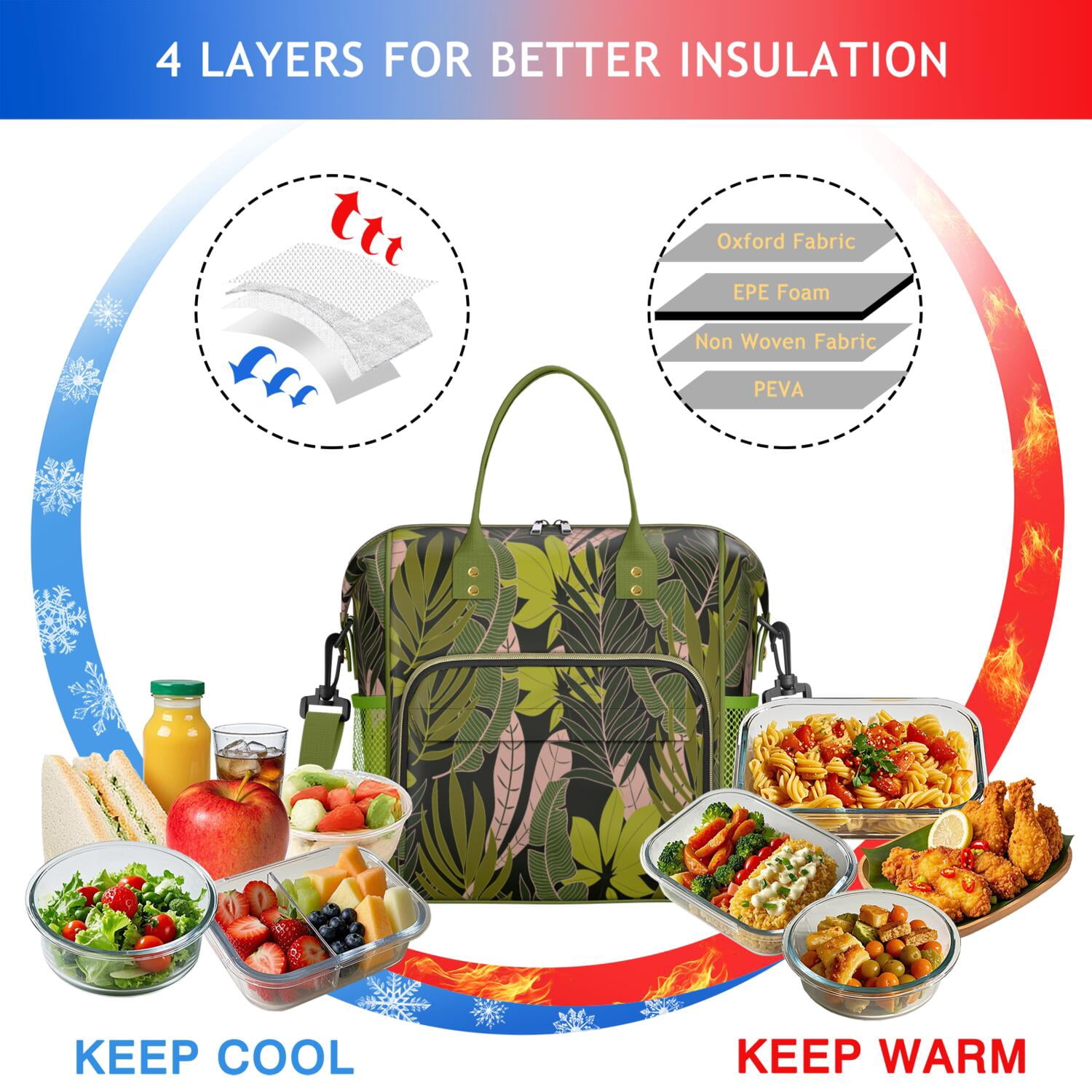 Floral Leakproof Lunch Tote Bag - Durable Waterproof Insulated Cooler for School, Work, Travel, Picnic