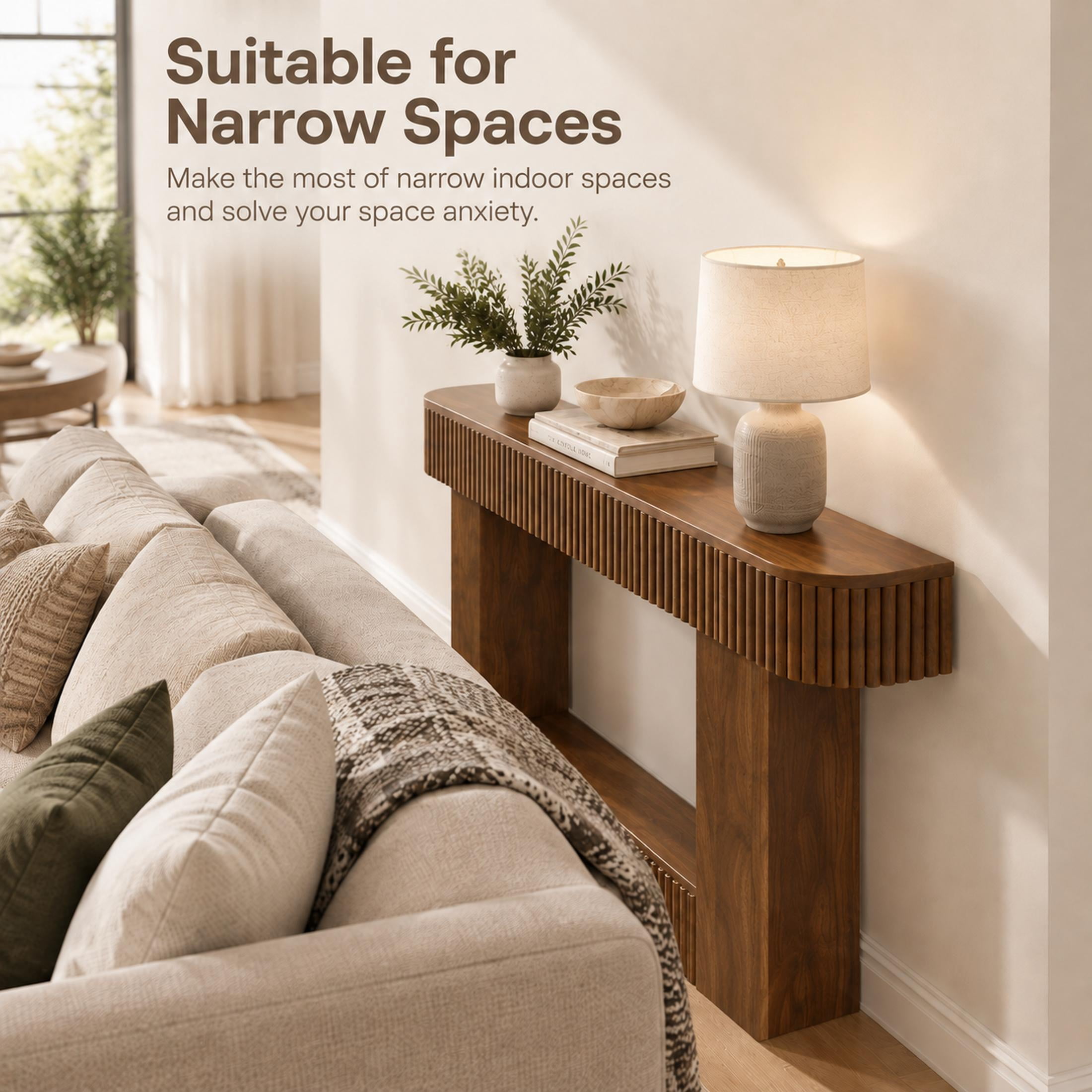PORKISS 62.9" Console Table with Open Storage, Narrow Long Entryway Table with Rounded Edges, Fluted Sofa Table for Living Room, Hallway, Foyer, Behind Couch, Brown A