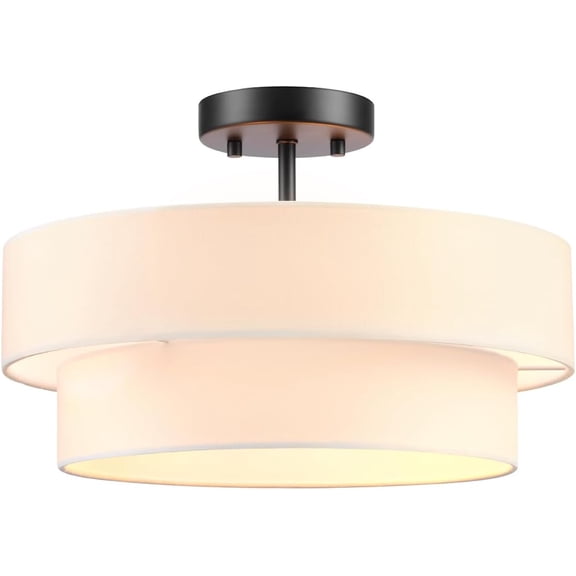 GLOBE Electric 66000138 2-Light Semi-Flush Mount Ceiling Light, Matte Black, 2-Tier, White Linen Shade, Home Improvement, Dining Room, Kitchen