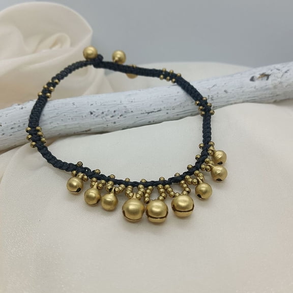 Ethnic style Brass Bell Charm Waxed Cord Adjustable Anklets for Women Golden Black 9-1/2 inch(240mm)