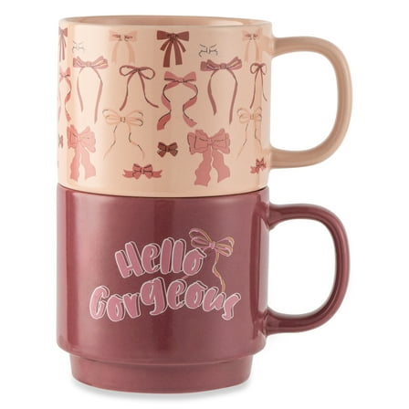 Thyme & Table 14.2 fl oz Hello Gorgeous and Pink Bows Stoneware Stacking Mugs, Set of 2