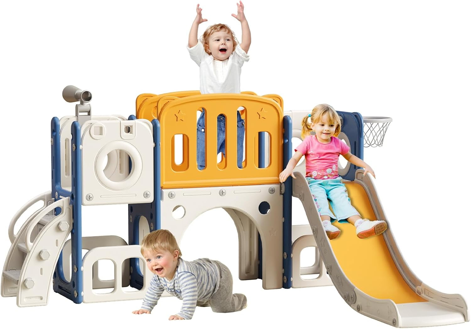 EAYSG 8 in 1 Toddler Dual-Platform Slide,Kids Slide Playset for Toddler,Indoor Outdoor Slide Toddler Playset with Ball & Hoop, Storage Space and Non-Slip Steps (L/Blue Orange)