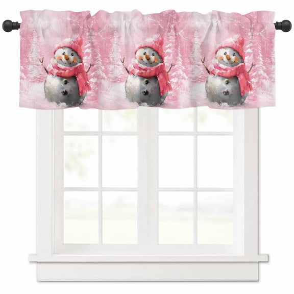 Pink Christmas Valances for Windows, Cute Pink Hat Snowman Light Filtering Window Treatment Valances, Rod Pocket Small Curtains for Kitchen/Bathroom, 60"x14"