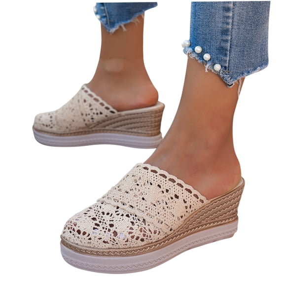 THDHVS Wedges Heels for Women,Womens Sandals,Fashion Women Casual Round Head Slippers Comfy Beach Casual Shoes Beige 5.5