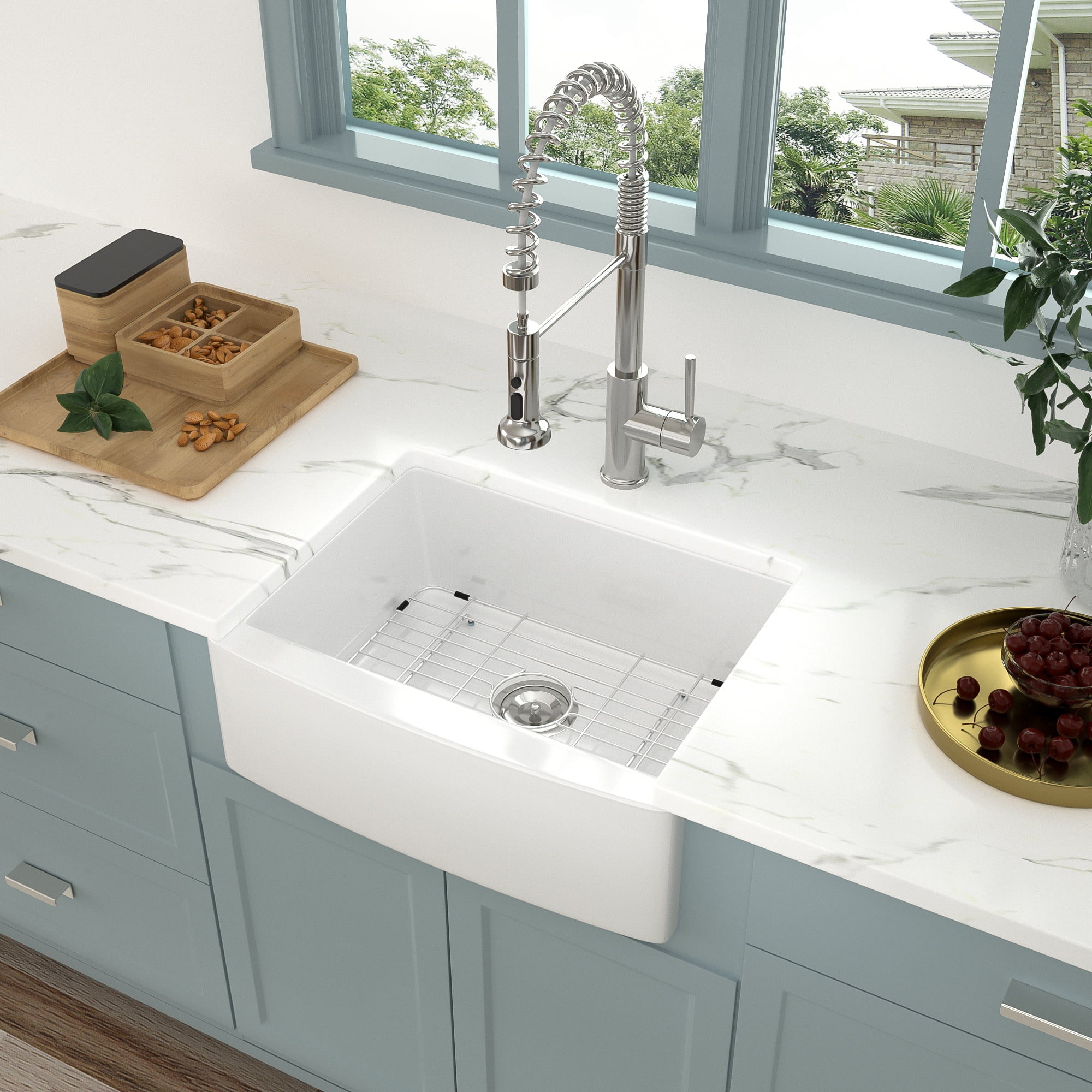 Logmey 24inch Apron Front White Kitchen Sink Single Bowl Ceramic