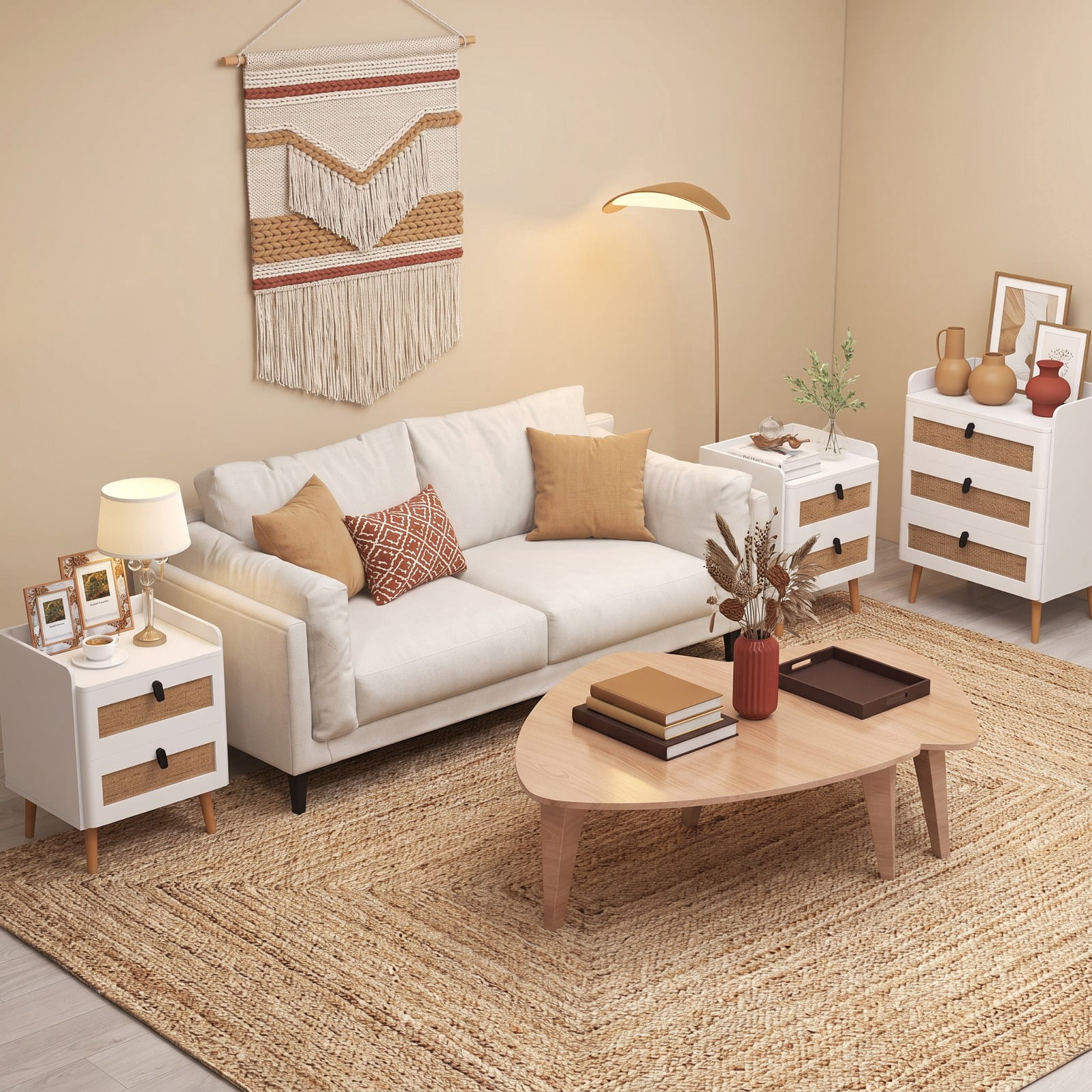 Furnibear Modern End Table Bedside Table with 2 Rattan Decorated Drawers for Bedroom Living Room Bedside Sofa Side Small Space, White