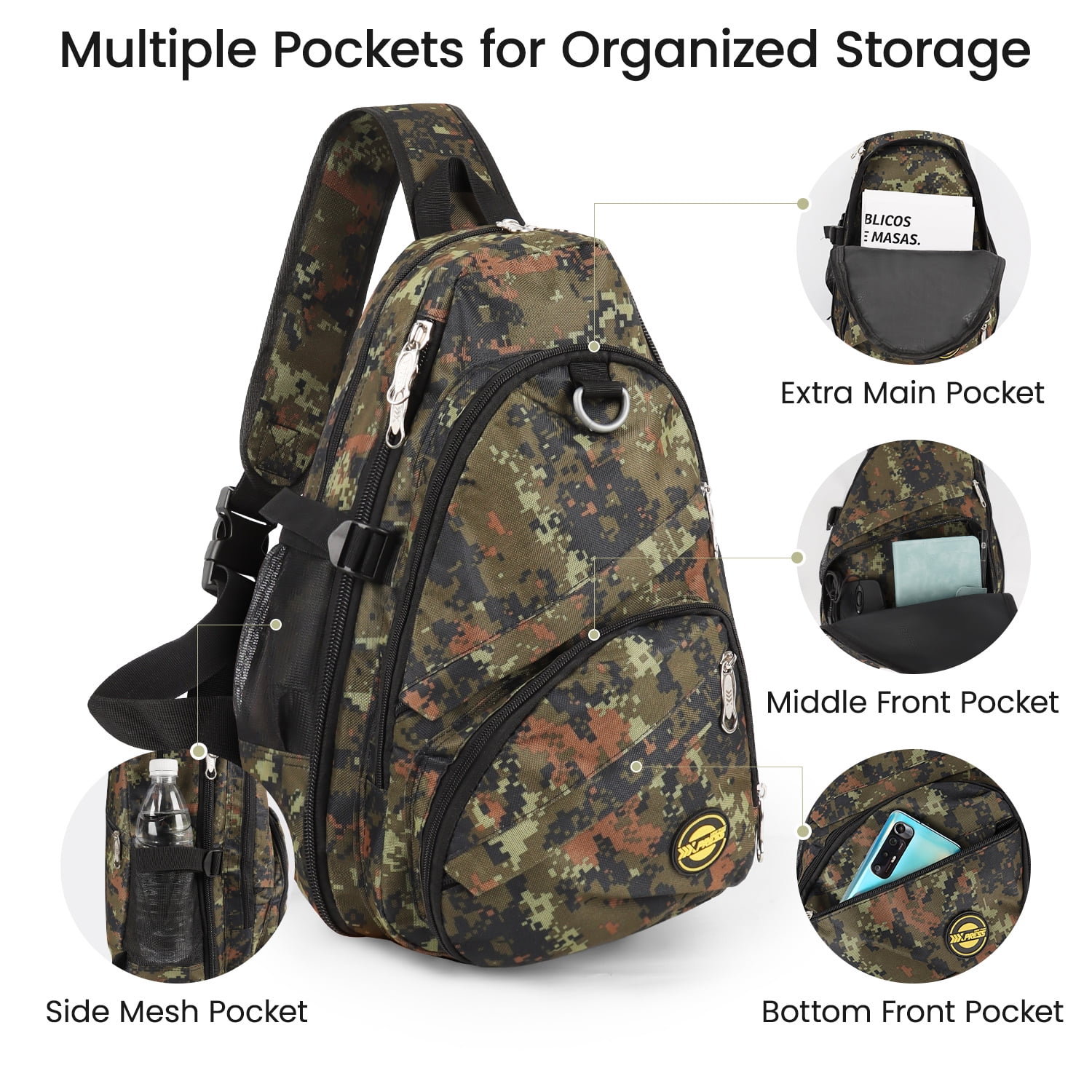 New York Xpress Camo Sling Bag Expandable 14–25L Daypack for Travel Hiking Cycling, ArmyGreen,118