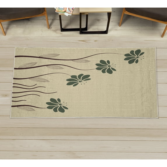 Flower Decorative Rug, Floral Petals with Striped Leaves and Lines Modern Style Geometrical Design Print, Quality Carpet for Bedroom Dorm and Living Room, 6 Sizes, Evergreen, by Ambesonne
