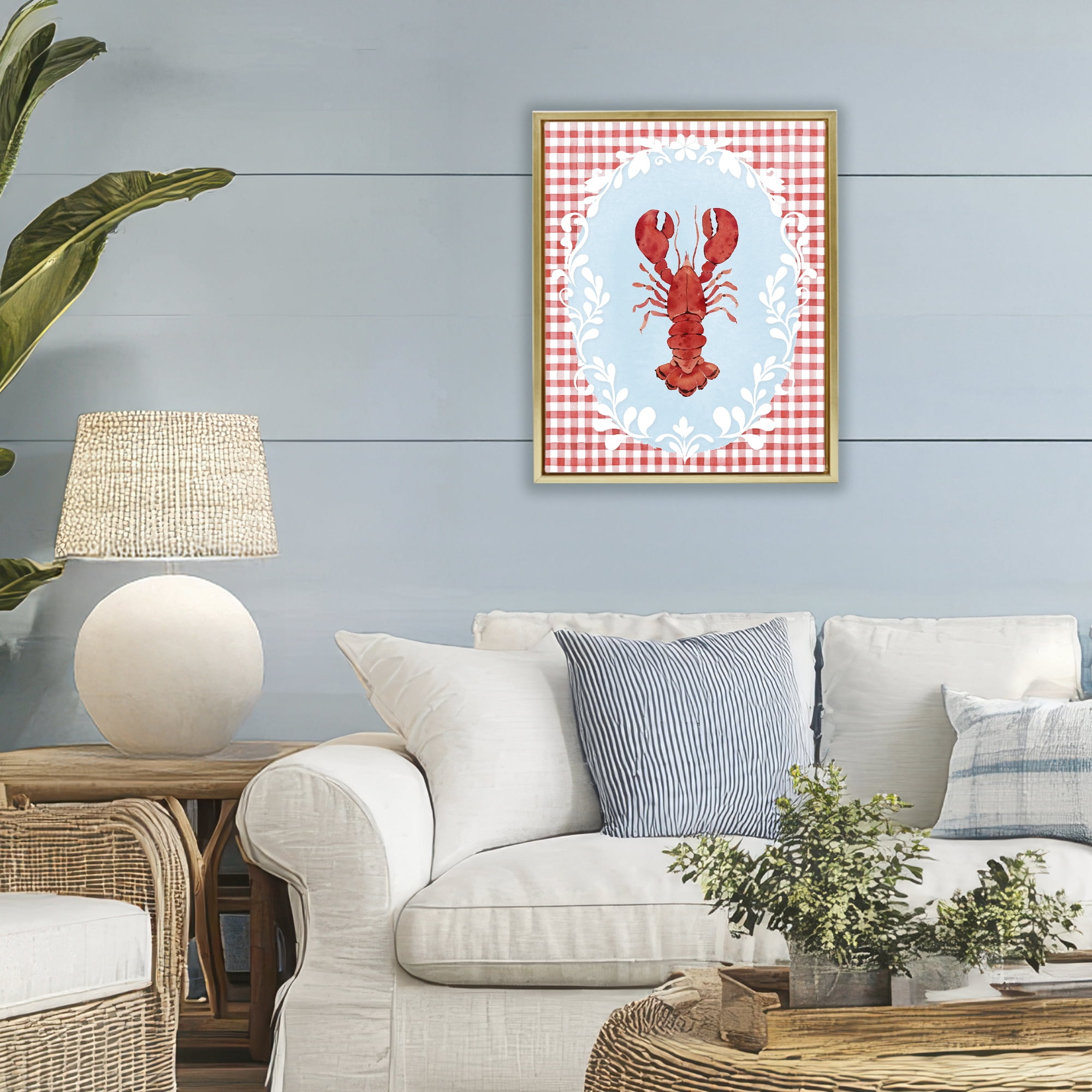 Stupell Industries Lobster with Red Plaid Gold Framed Floater Canvas Wall Art, design by Heather Lee Chan
