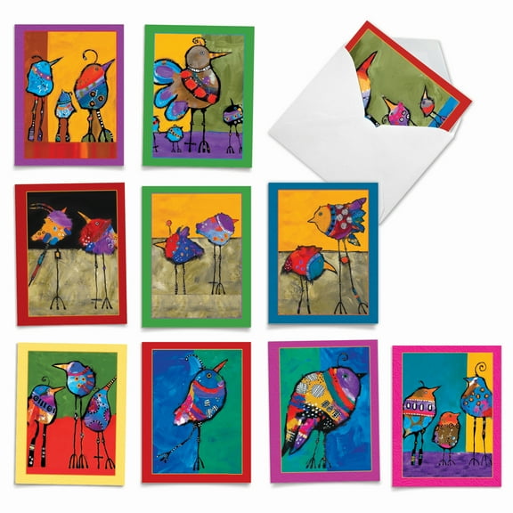10 All Occasion Blank Note Cards Assorted (4 x 5.12 Inch) - BOHEMIAN BIRDS M3319