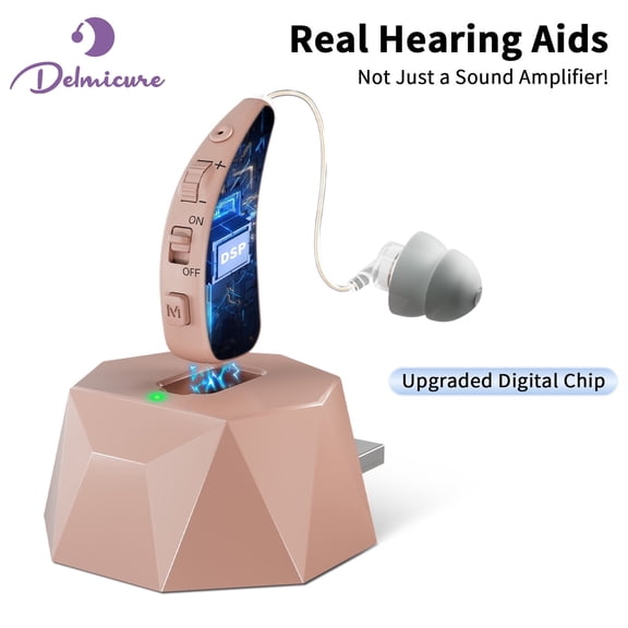 Delmicure Hearing Aids for Seniors with Charging Base, Rechargeable Digital Hearing Device for Hearing Loss, 8-Level Volume, VHP-1504 Beige - Single