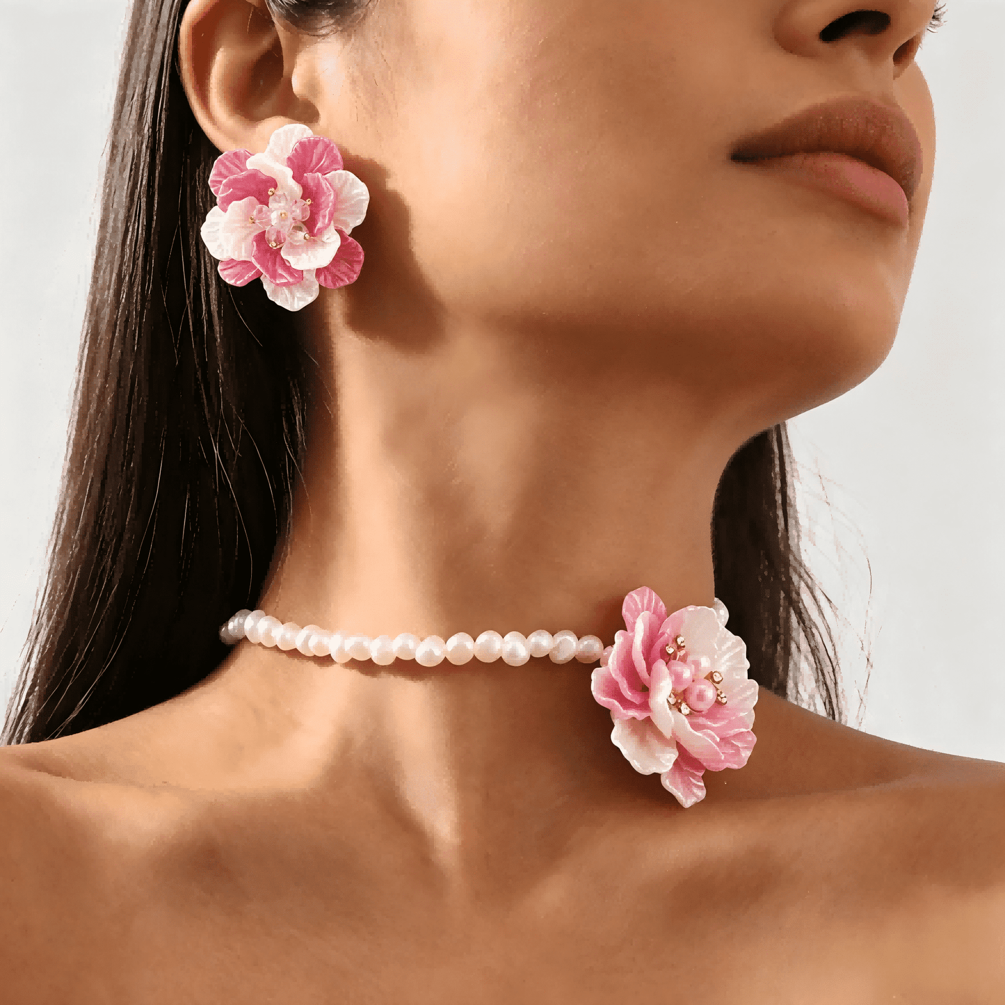 YMCSTONEMA Hot Pink Ombre Resin Big Flower Faux Pearl Choker Set, Vintage Floral Choker Necklace & Dangle Drop Earrings, French Collarbone Jewelry for Women Prom Wedding Daily Wear
