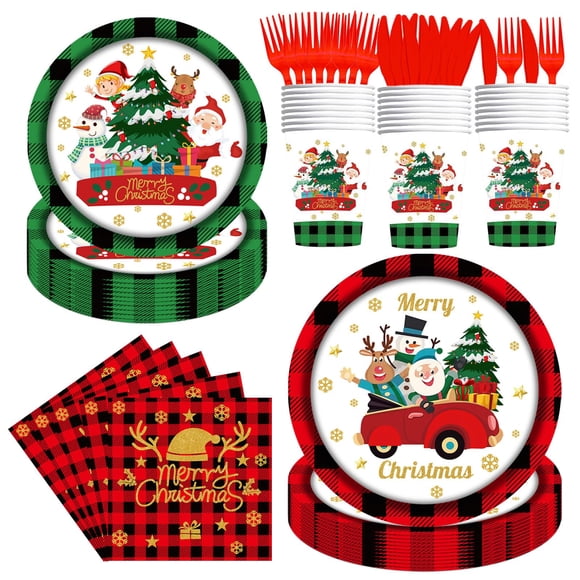 144 Pcs Assiettes en Papier de Noël et Serviettes Fournitures de Fête Décorations de Fête de Noël Ensemble de Vaisselle de Noël Père Noël Noël