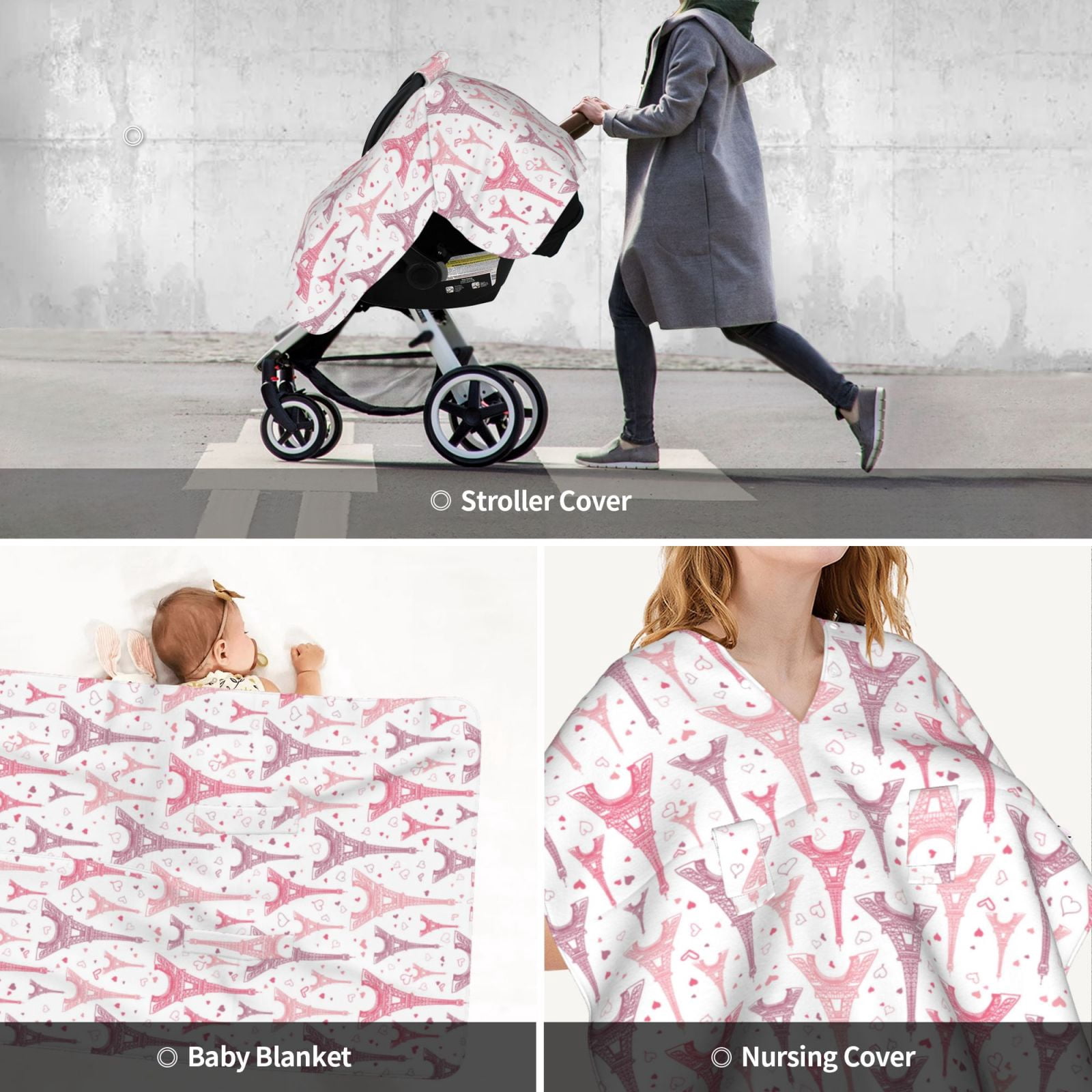 Car Seat Cover Baby - pink Eiffel Towers Breathable Infant Car Seat Cover for Baby Carseat, Lightweight Comfort Baby Essentials Must Haves Newborn Stuff for Girl Boy
